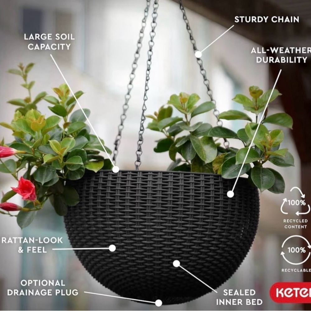 Black Woven Rattan Look Texture Hanging Planters - Set of 2